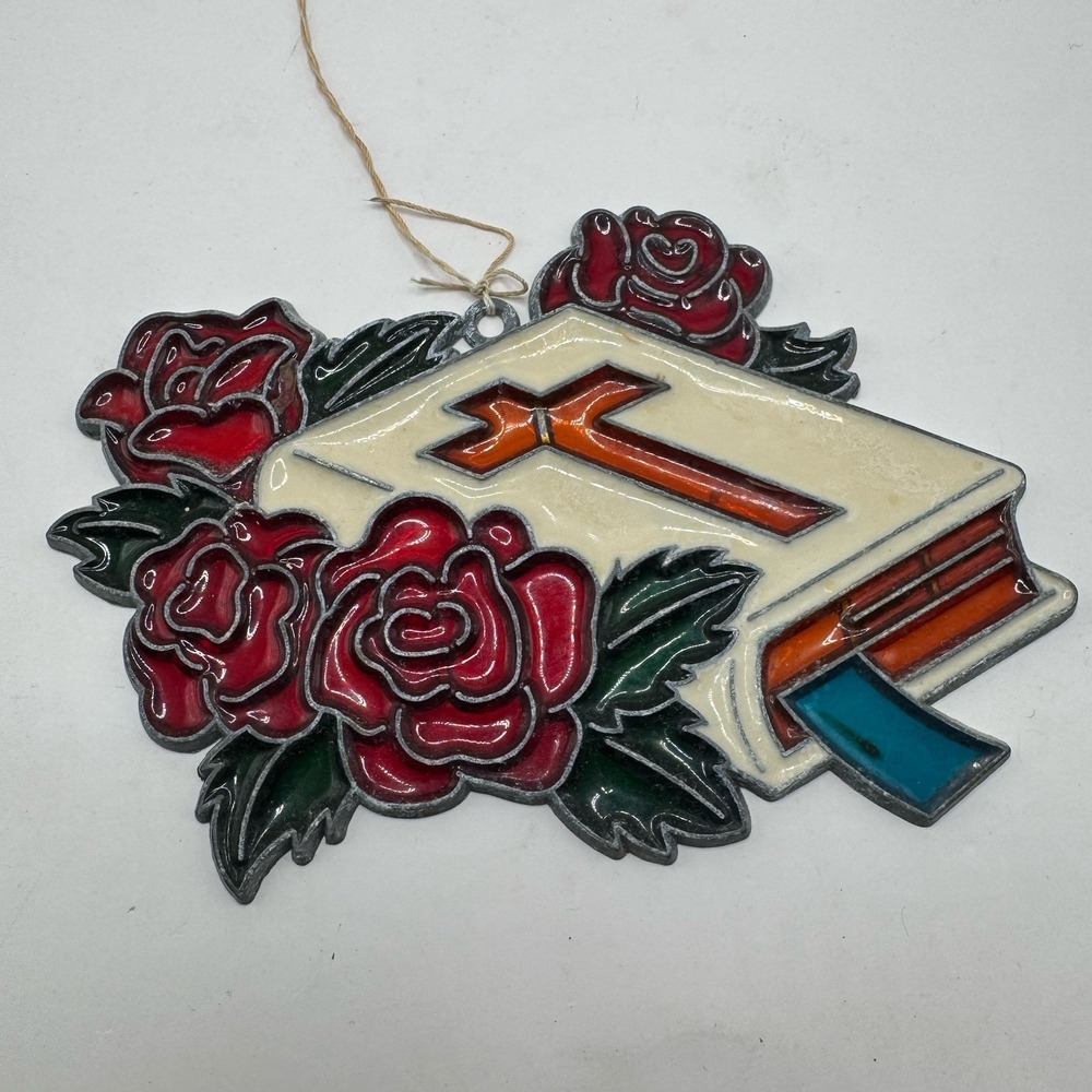 Vintage Stained Glass Holly Bible Suncatcher Window Hanging 4"